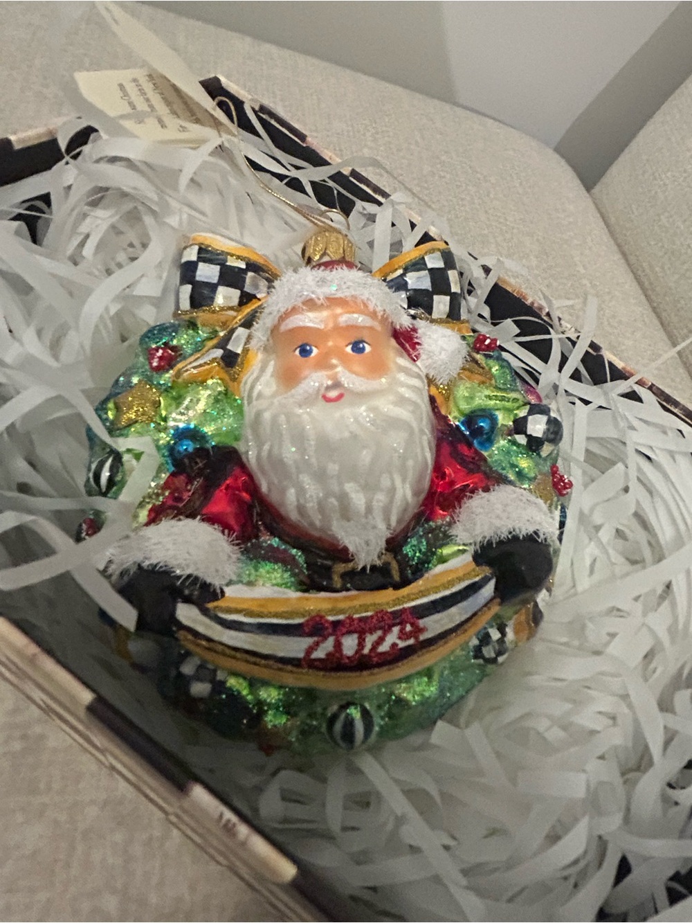 MacKenzie-Childs 2024 Santa Wreath Ornament in Red, Green, Black and White